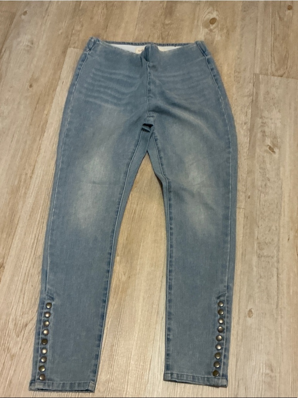 Soft Surroundings Faded Blue Skinny Jeans with Button-Hem Detail